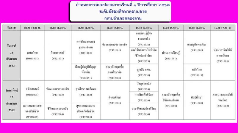 4. ตารางสอบปลายภาคเรียนที่ 1 ปีการศึกษา 2562